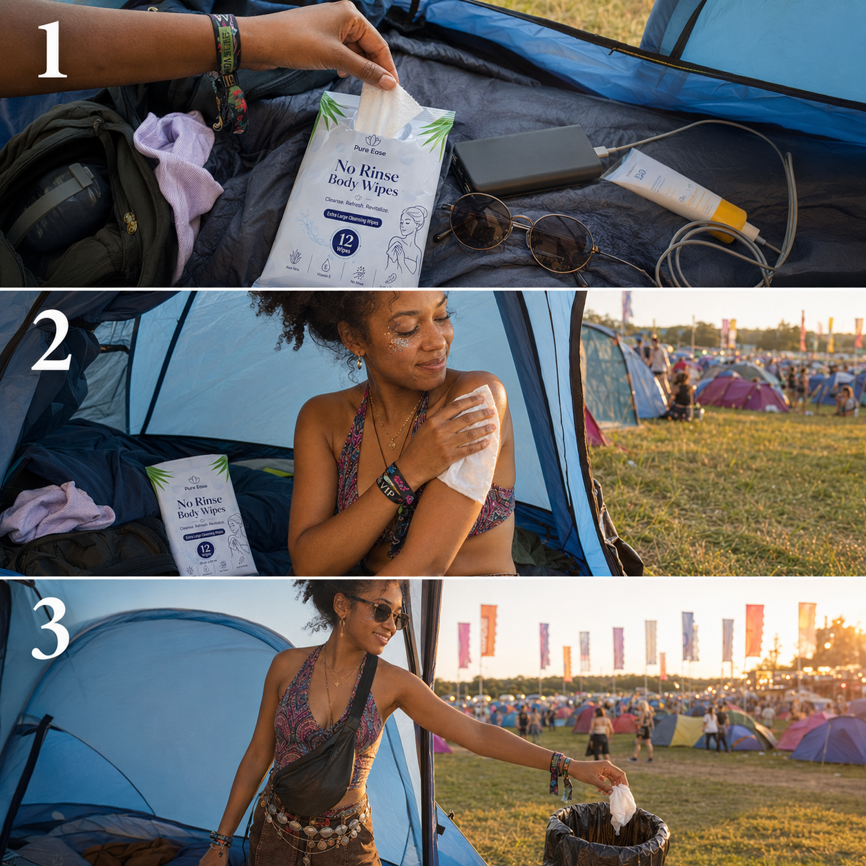 Three simple steps: open a wipe, freshen up in the tent, dispose and head back out