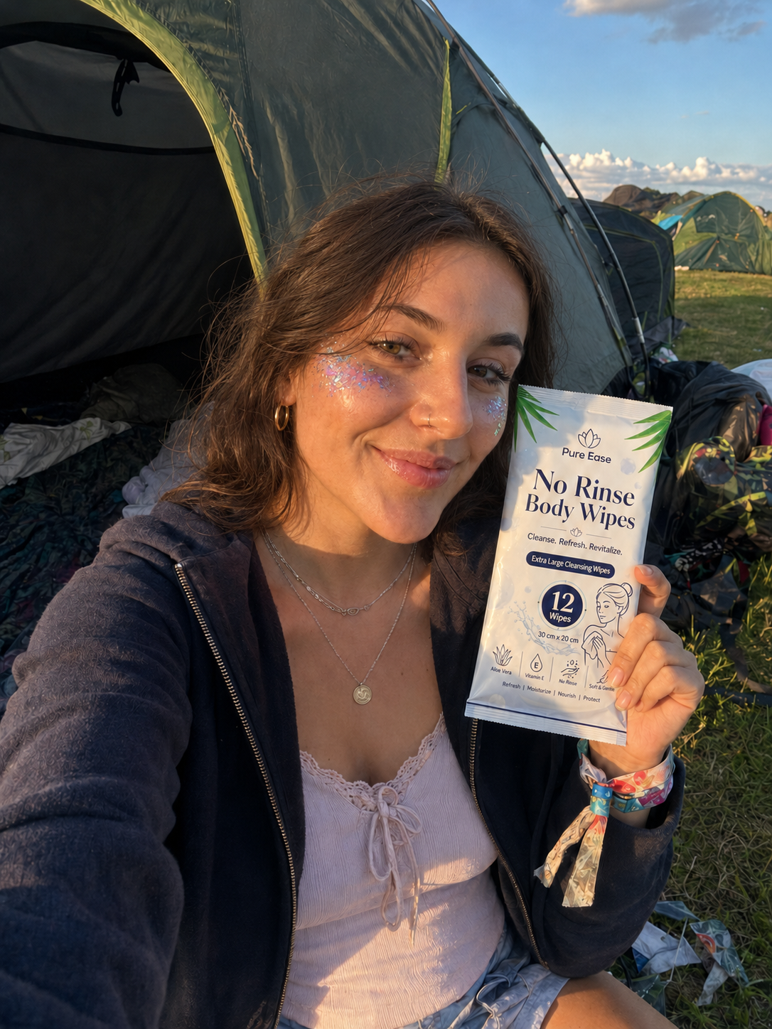 Festival-goer at her tent holding PureEase No Rinse Body Wipes